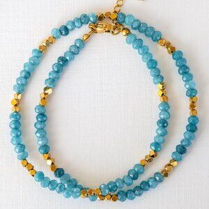 Blue Beaded Gemstone Necklace w/Gold Beads WATERPROOF Jewelry Layering Necklace